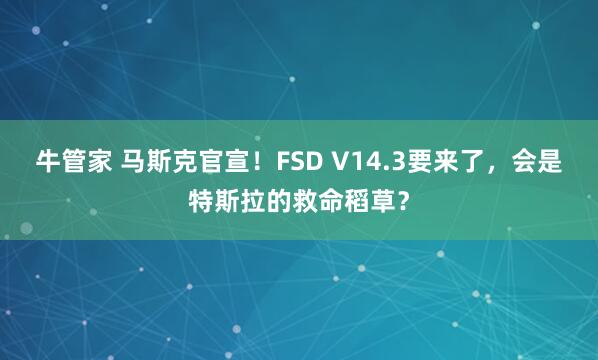 牛管家 马斯克官宣！FSD V14.3要来了，会是特斯拉的救命稻草？