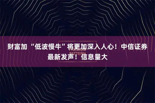 财富加 “低波慢牛”将更加深入人心！中信证券最新发声！信息量大